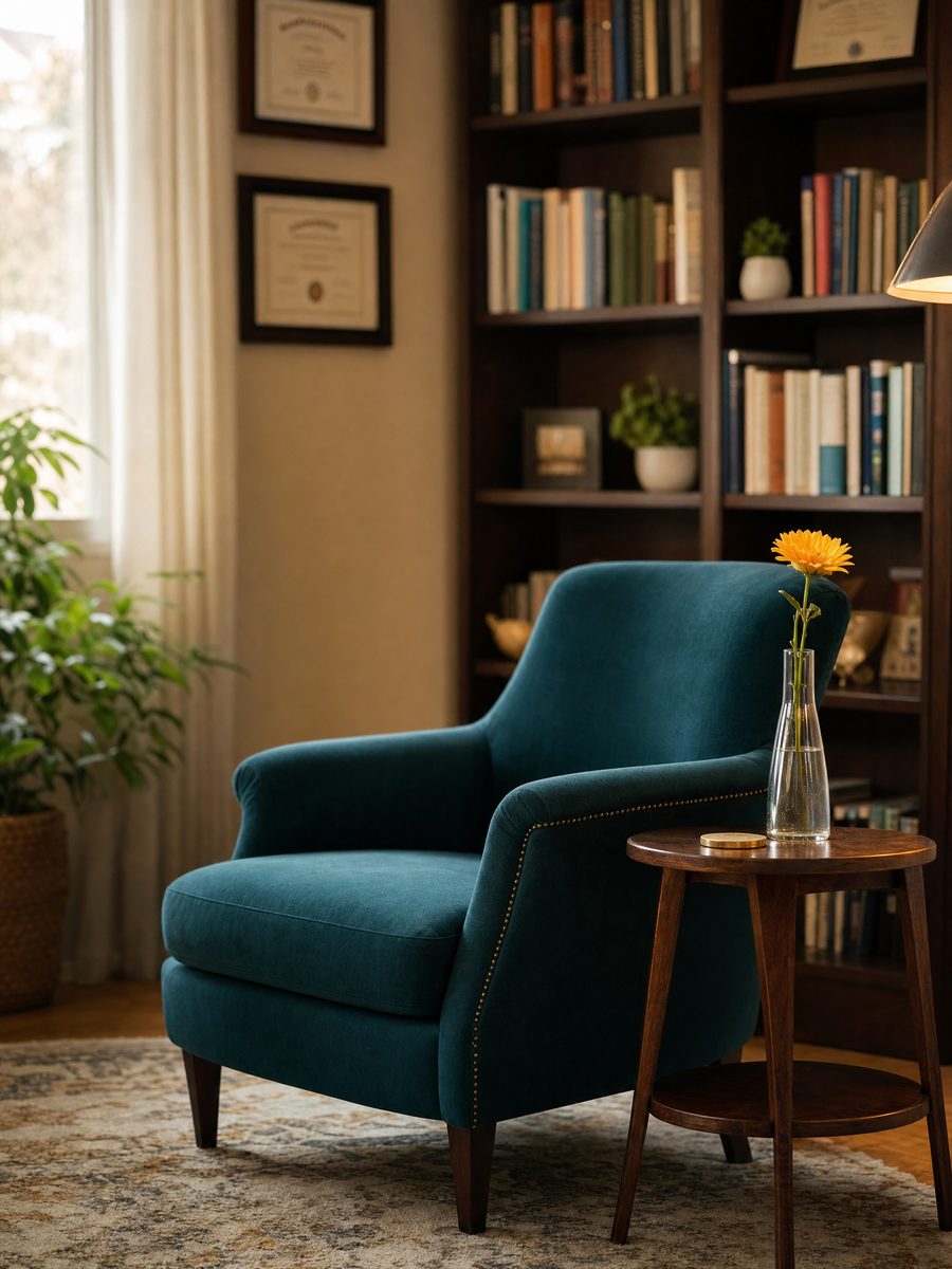 A warm, professionally furnished therapy office with a teal armchair, bookshelf with credentials, and a single yellow flower — representing Dr. Stephanie Booker's practice